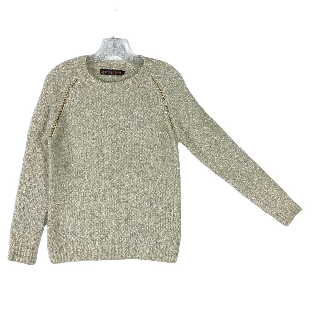 NWOT QED LONDON Sweater S Silver Gold Tinsel Fluffy Gold Chain Long-Sleeve